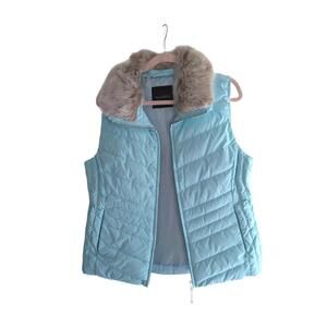 Talbots' Light Blue Puffer Vest, Faux Fur Collar